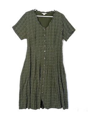 April Cornell V Neck Ruffle Polka Dot Button Front Midi Dress Women L Green